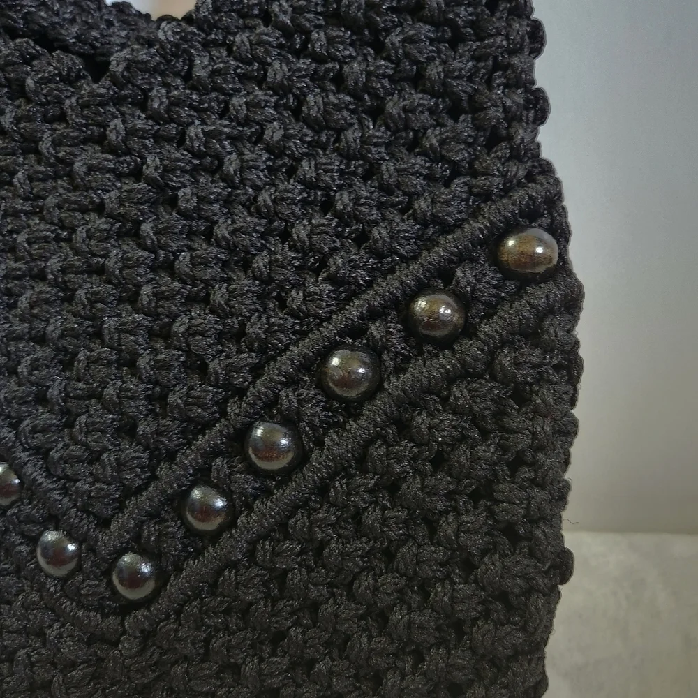 Vintage Hobo Boho Black Beaded Crochet Handbag Shoulder Bag Purse Bag
